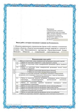 Приложение к свидетельству о допуске к определенному виду или видам работ Усолье-Сибирское СРО в проектировании